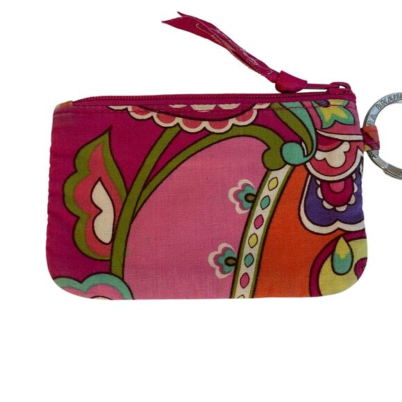 Vera Bradley Pink Swirl Paisley Floral Cotton Mini Zip ID Wallet Silver Key Ring - Picture 3 of 11
